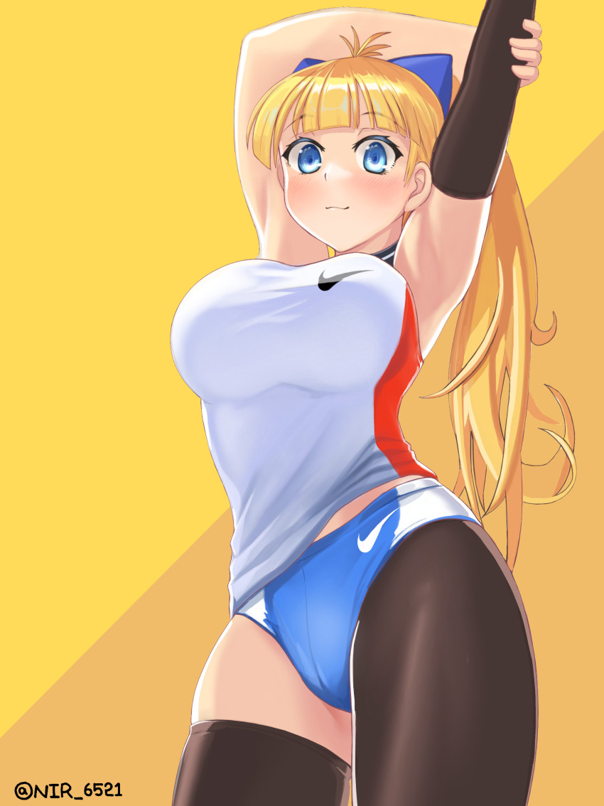 1girl, a_unir, absurdres, armpits, arms_up, asymmetrical_legwear, black_thighhighs, blonde_hair, blue_eyes, blunt_bangs, blush, breasts, buruma, cameltoe, closed_mouth, commission, contrapposto, cowboy_shot, detached_sleeves, from_below, highres, large_breasts, long_hair, looking_at_viewer, original, ponytail, product_placement, see-through_silhouette, shirt, simple_background, single_sleeve, skindentation, sleeveless, sleeveless_shirt, smile, solo, sports_bikini, sportswear, stretching, thighhighs, twitter_username, very_long_hair
