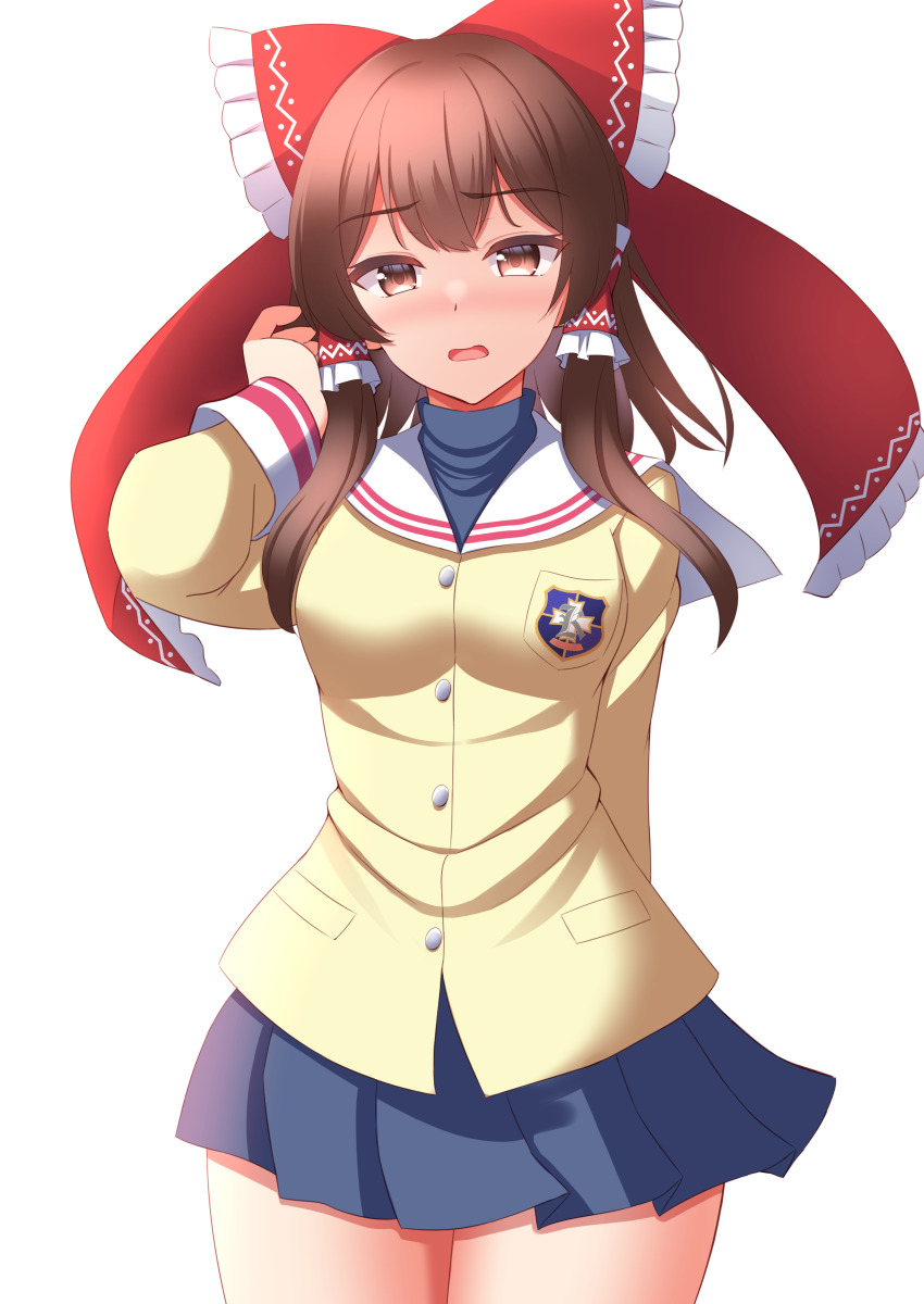 1girl, absurdres, blue_skirt, bow, brown_eyes, brown_hair, clannad, commentary_request, cosplay, furukawa_nagisa, furukawa_nagisa_(cosplay), hair_bow, hair_tubes, hakurei_reimu, highres, hikarizaka_private_high_school_uniform, long_hair, long_sleeves, looking_at_viewer, nakahara_mai, open_mouth, pleated_skirt, red_bow, sailor_collar, school_uniform, simple_background, skirt, solo, thighs, tokyo_yamane, touhou, turtleneck, voice_actor_connection, white_background, white_sailor_collar