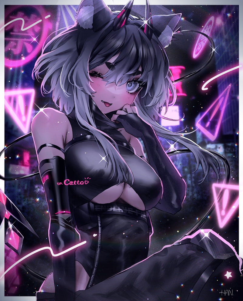 1girl, animal_ears, black_hair, breasts, cat_ears, cat_girl, catto_(catnaps), clothing_cutout, colored_tips, commission, demon_girl, demon_horns, demon_tail, grey_eyes, grey_hair, han_(ateez_hncrn), horns, indie_virtual_youtuber, large_breasts, multicolored_hair, one_eye_closed, open_mouth, skeb_commission, solo, tail, underboob_cutout, virtual_youtuber