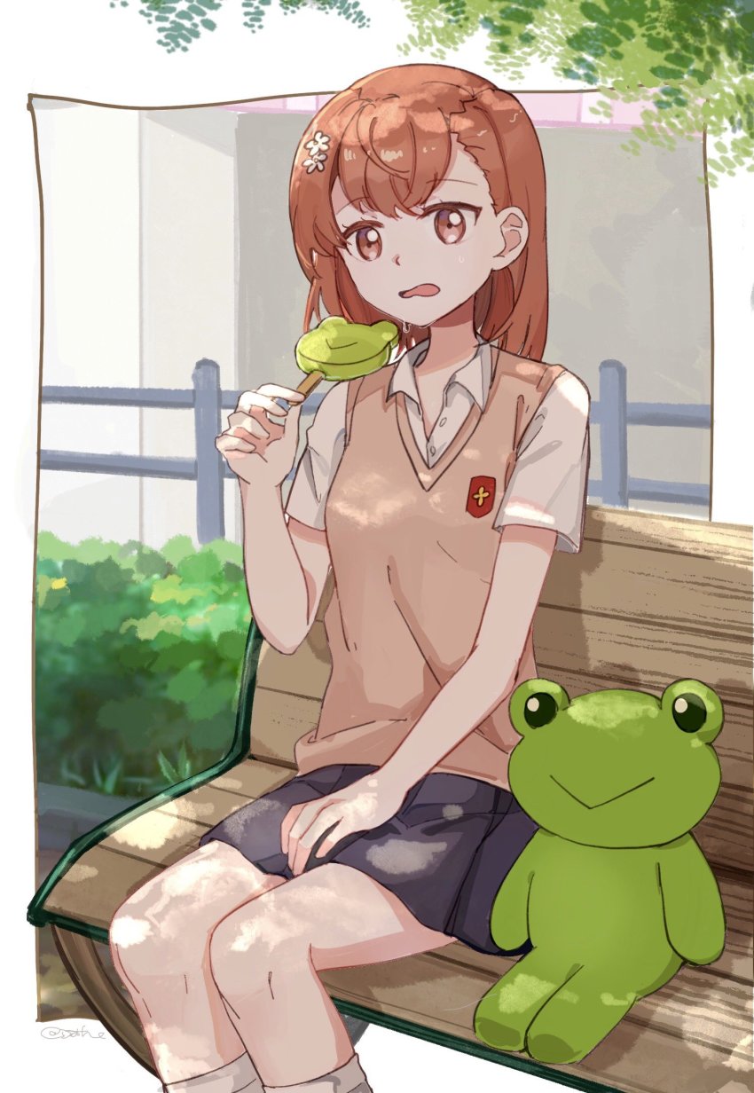 1girl, bench, brown_eyes, brown_hair, brown_vest, feet_out_of_frame, food, gekota, grey_skirt, highres, looking_at_viewer, misaka_mikoto, outdoors, pleated_skirt, popsicle, railing, school_uniform, short_hair, skirt, solo, stuffed_animal, stuffed_frog, stuffed_toy, summer_uniform, toaru_kagaku_no_railgun, toaru_kagaku_no_railgun_t, toaru_majutsu_no_index, tokiwadai_school_uniform, vest, weyiyuntfn