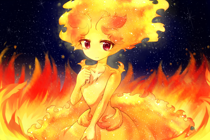 1girl, colored_skin, dress, fiery_hair, fire, hand_up, looking_at_viewer, red_eyes, smile, solo, st&amp;rs, star_(sky), tanpopo_hayabusa-maru, yellow_skin