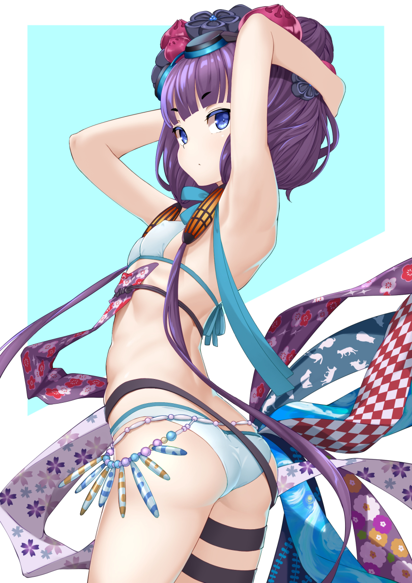 1girl, absurdres, armpits, arms_behind_head, arms_up, ass, bare_shoulders, beads
