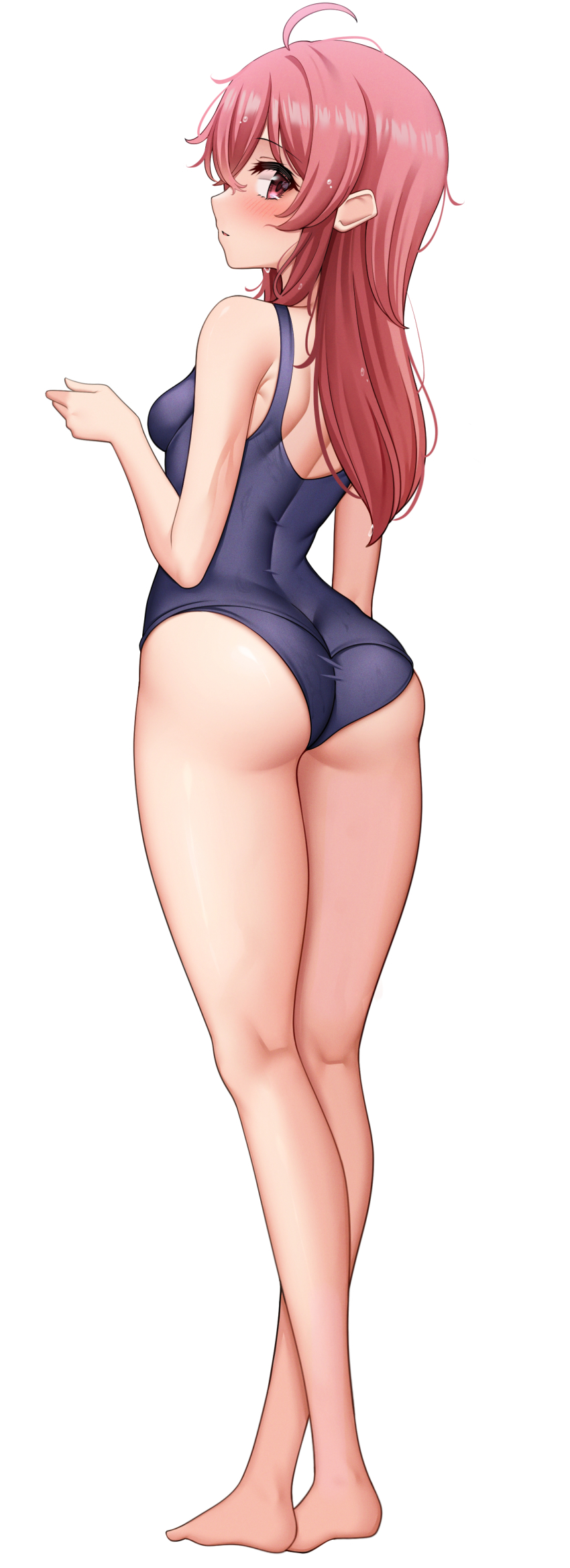 1girl, absurdres, ahoge, ass, bare_legs, blue_one-piece_swimsuit, breasts, from_behind