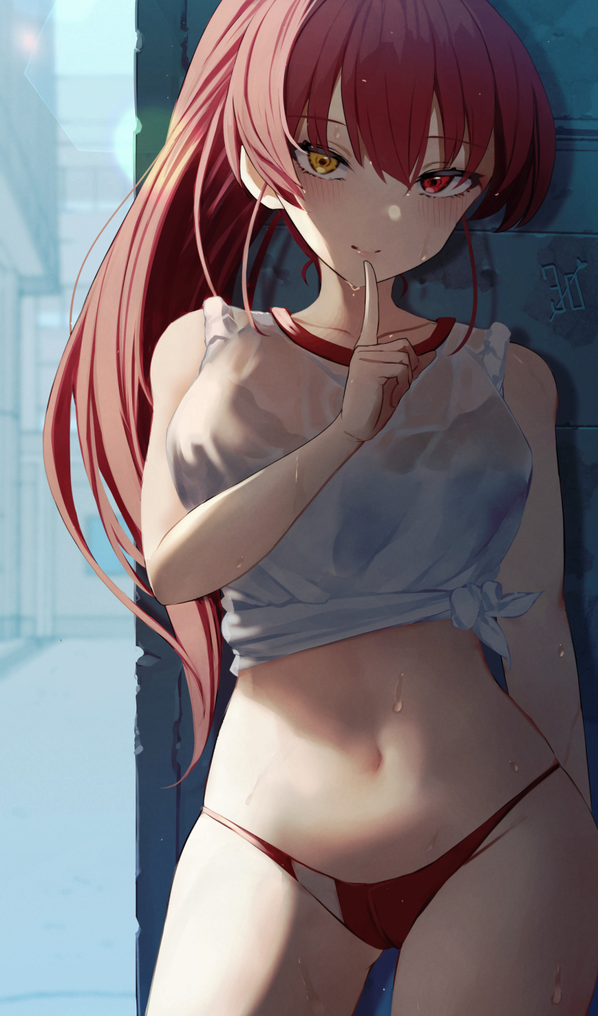 1girl, absurdres, against_wall, bare_shoulders, bikini, breasts, closed_mouth, collarbone