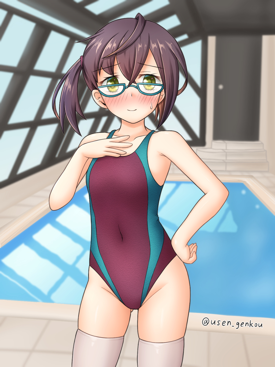 1girl, blue-framed_eyewear, brown_hair, commentary_request, competition_swimsuit, contrapposto, cowboy_shot, door, flat_chest, glasses, green_eyes, grey_thighhighs, highres, indoors, kantai_collection, multicolored_hair, multicolored_swimsuit, okinami_(kancolle), one-piece_swimsuit, pink_hair, pool, purple_one-piece_swimsuit, rei_no_pool, short_hair, solo, standing, swimsuit, thighhighs, yuusen_(aenka)