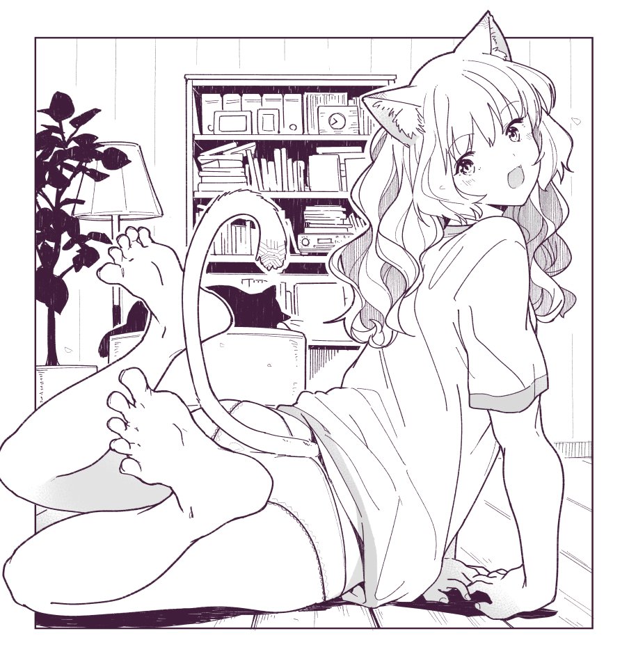 1girl, animal_ears, barefoot, bookshelf, cat, cat_ears, cat_girl, cat_tail