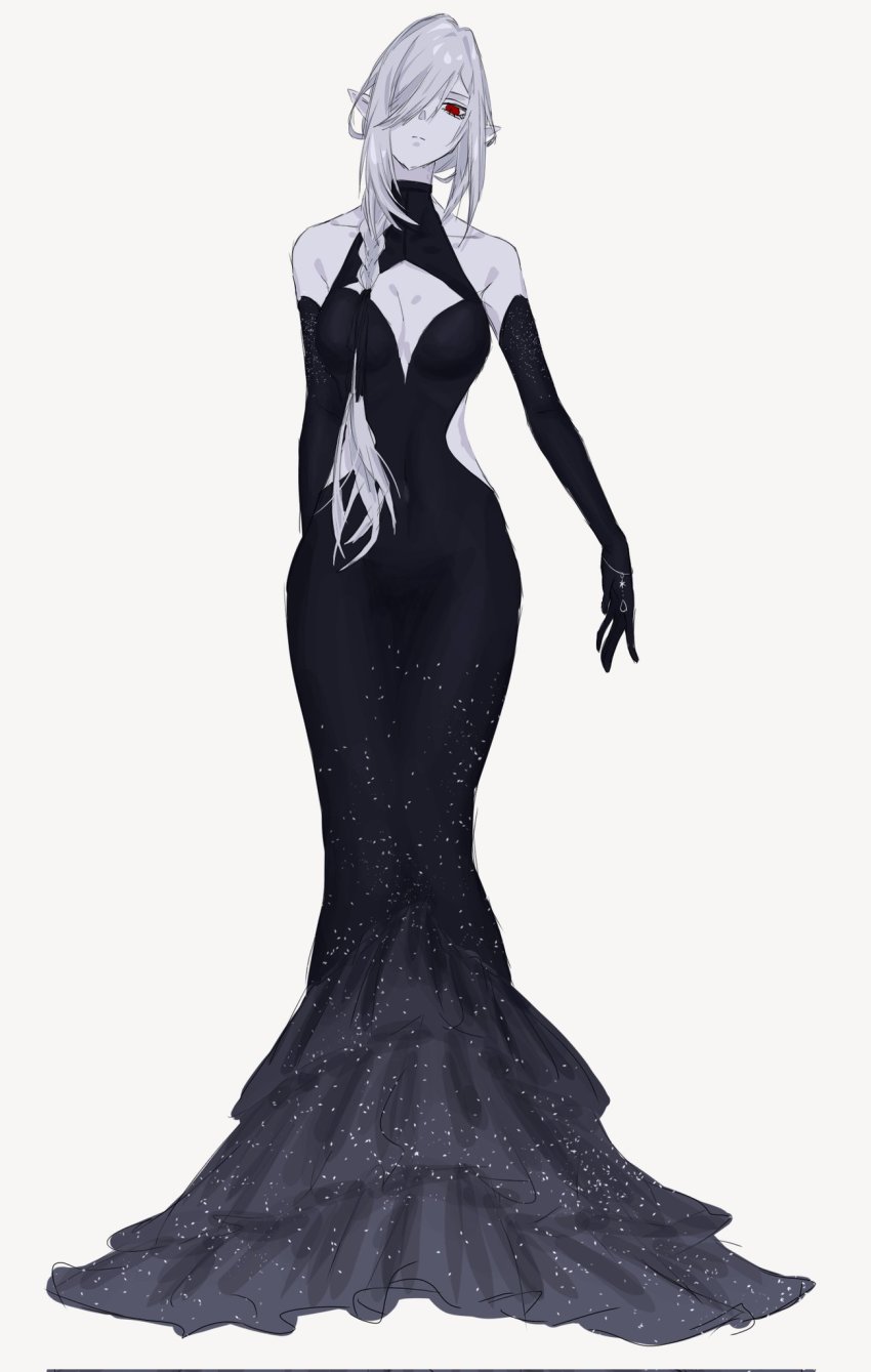 1girl, alternate_costume, arknights, bare_shoulders, braid, braided_ponytail, breasts, cleavage, cleavage_cutout, clothing_cutout, commentary, dress, elbow_gloves, full_body, gladiia_(arknights), gloves, gradient_clothes, gradient_dress, grey_hair, hair_over_one_eye, halter_dress, halterneck, highres, hip_vent, long_dress, long_hair, nate71762013, off-shoulder_dress, off_shoulder, one_eye_covered, pale_skin, pointy_ears, red_eyes, simple_background, solo, white_background