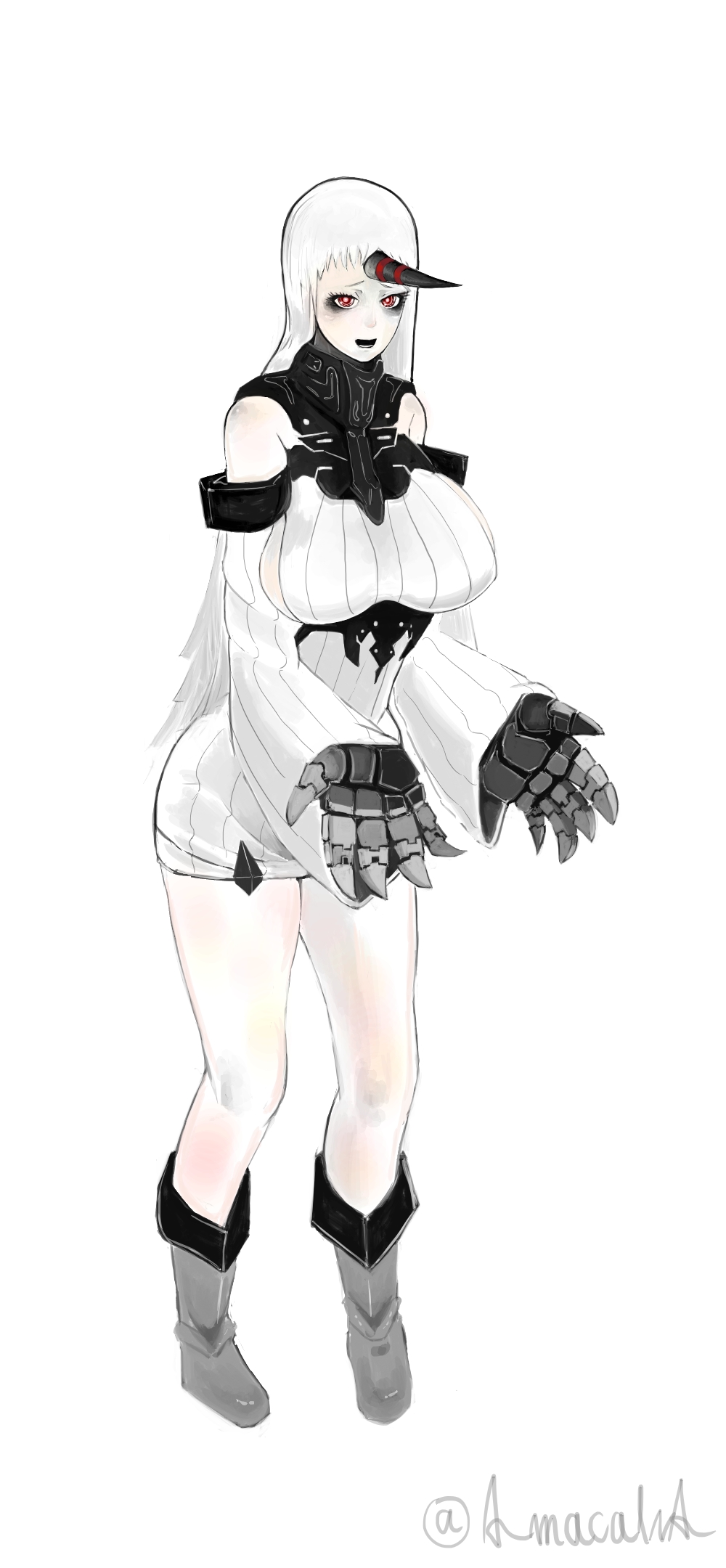 1girl, abyssal_ship, amacalva, bare_shoulders, breasts, bright_pupils, claws, commentary_request, detached_sleeves, dress, full_body, grey_footwear, grey_horns, highres, horns, huge_breasts, joints, kantai_collection, long_hair, long_sleeves, looking_at_viewer, lower_teeth_only, mechanical_arms, mechanical_hands, oni, oni_horns, open_mouth, pale_skin, pink_pupils, red_eyes, ribbed_dress, robot_joints, seaport_princess, short_dress, simple_background, single_horn, solo, standing, teeth, thighs, very_long_hair, white_background, white_dress, white_hair