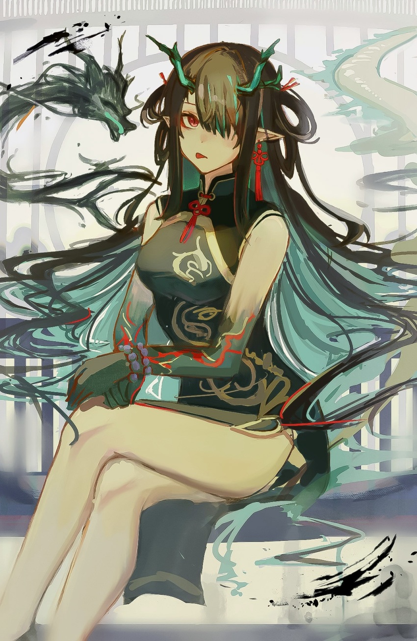 1girl, arknights, bead_bracelet, beads, black_hair, bracelet, china_dress, chinese_clothes, colored_skin, dragon_girl, dragon_horns, dress, dusk_(arknights), dusk_(everything_is_a_miracle)_(arknights), earrings, gradient_skin, green_hair, green_horns, green_skin, hair_over_one_eye, highres, horns, jewelry, kennori_(gvkf2745), multicolored_hair, official_alternate_costume, pointy_ears, red_eyes, streaked_hair, tassel, tassel_earrings, tongue, tongue_out