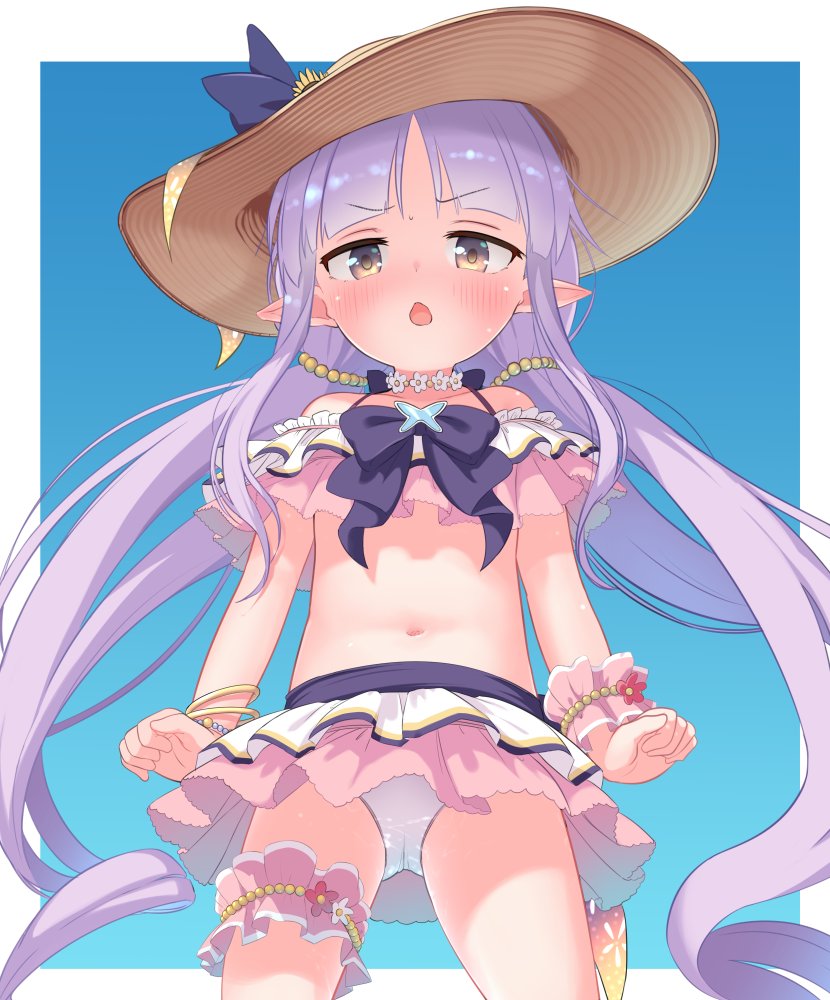 1girl, bikini, bikini_skirt, blue_background, blush, bracelet, brown_eyes, brown_hat, flower, frilled_bikini, frills, hat, hat_flower, jewelry, kyoka_(princess_connect!), kyoka_(summer)_(princess_connect!), long_hair, looking_at_viewer, miniskirt, multicolored_bikini, navel, off_shoulder, open_mouth, osatsu, pink_bikini, pointy_ears, princess_connect!, purple_hair, simple_background, skirt, solo, sun_hat, swimsuit, thighs, twintails, two-tone_bikini, very_long_hair, white_bikini
