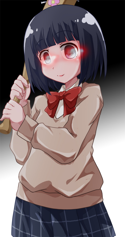 1girl, baseball_bat, black_hair, black_skirt, bob_cut, bow, bowtie, glowing, glowing_eyes, gradient_background, holding, holding_baseball_bat, keppeki_danshi!_aoyama-kun, long_sleeves, moka_gotou, nail_(hardware), nail_bat, red_bow, red_bowtie, red_eyes, shishinon, skirt, solo, standing, sweater