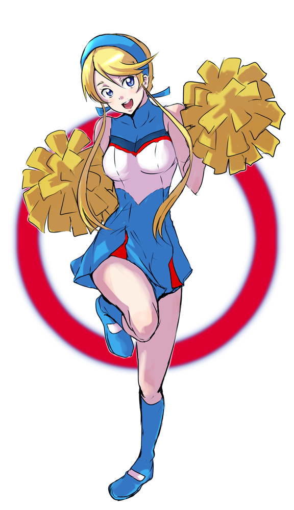 1girl, alpha_(smashbox), bad_id, bad_pixiv_id, blonde_hair, blue_eyes, breasts, cheerleader