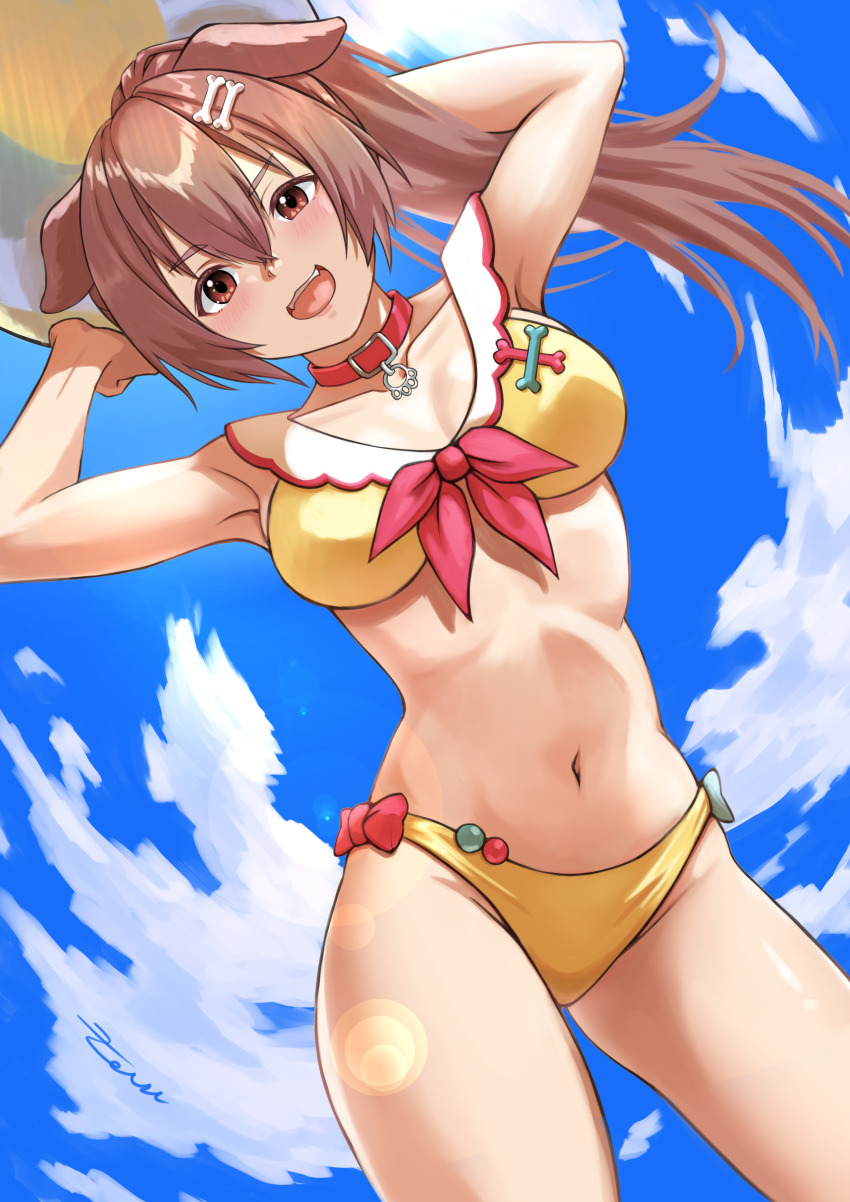 1girl, absurdres, adapted_costume, animal_collar, animal_ears, armpits, arms_up, ball