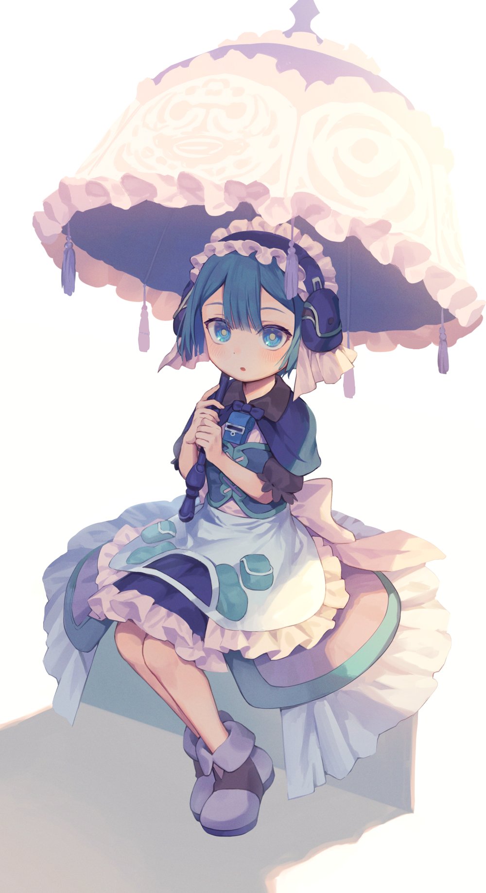 1boy, :o, apron, black_shirt, blue_capelet, blue_eyes, blue_hair, blue_skirt