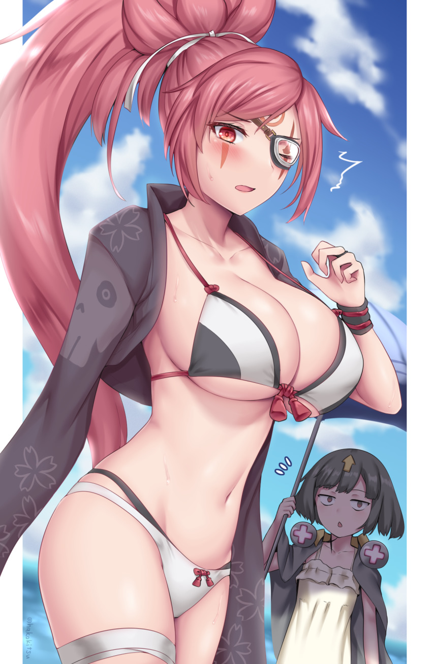 2girls, ^^^, amputee, arrow_(symbol), bags_under_eyes, baiken, beach, big_hair
