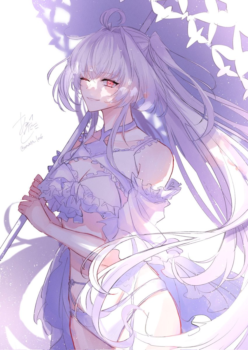 1girl, ahoge, amata1006, bikini, breasts, cleavage, cowboy_shot, fate/grand_order, fate_(series), garter_belt, grin, hair_intakes, highres, holding, holding_umbrella, lady_avalon_(fate), lady_avalon_(second_ascension)_(fate), long_hair, looking_at_viewer, merlin_(fate/prototype), merlin_(swimsuit_pretender)_(second_ascension)_(fate/prototype), navel, one_eye_closed, parasol, red_eyes, signature, smile, solo, swimsuit, twitter_username, umbrella, white_bikini, white_hair