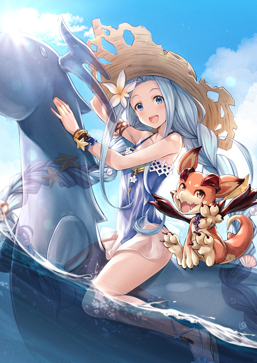 1girl, bare_shoulders, blue_eyes, blue_hair, blue_one-piece_swimsuit, bracelet, creature, flower