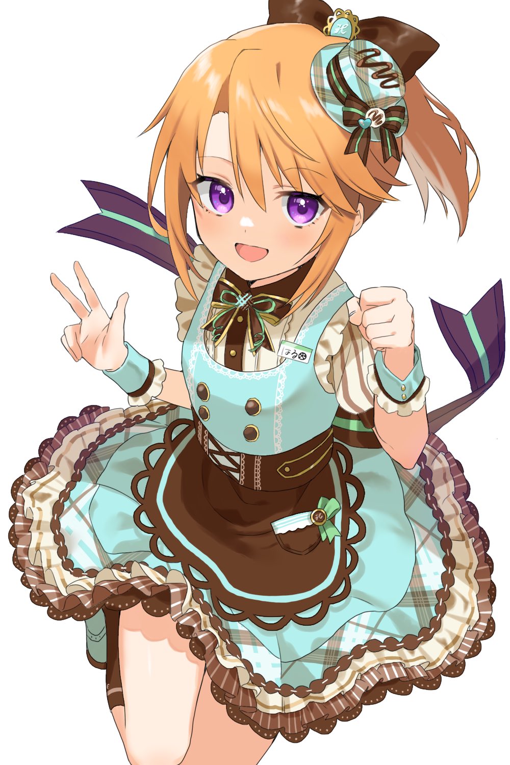 1girl, alternate_costume, blush, clenched_hand, dress, enmaided, green_dress, hat, highres, idolmaster, idolmaster_cinderella_girls, looking_at_viewer, maid, mini_hat, mokano_n, neck_ribbon, orange_hair, petticoat, pinafore_dress, ponytail, puffy_short_sleeves, puffy_sleeves, purple_eyes, ribbon, short_sleeves, simple_background, sleeveless_dress, smile, solo, standing, standing_on_one_leg, w, white_background, wrist_cuffs, yuuki_haru
