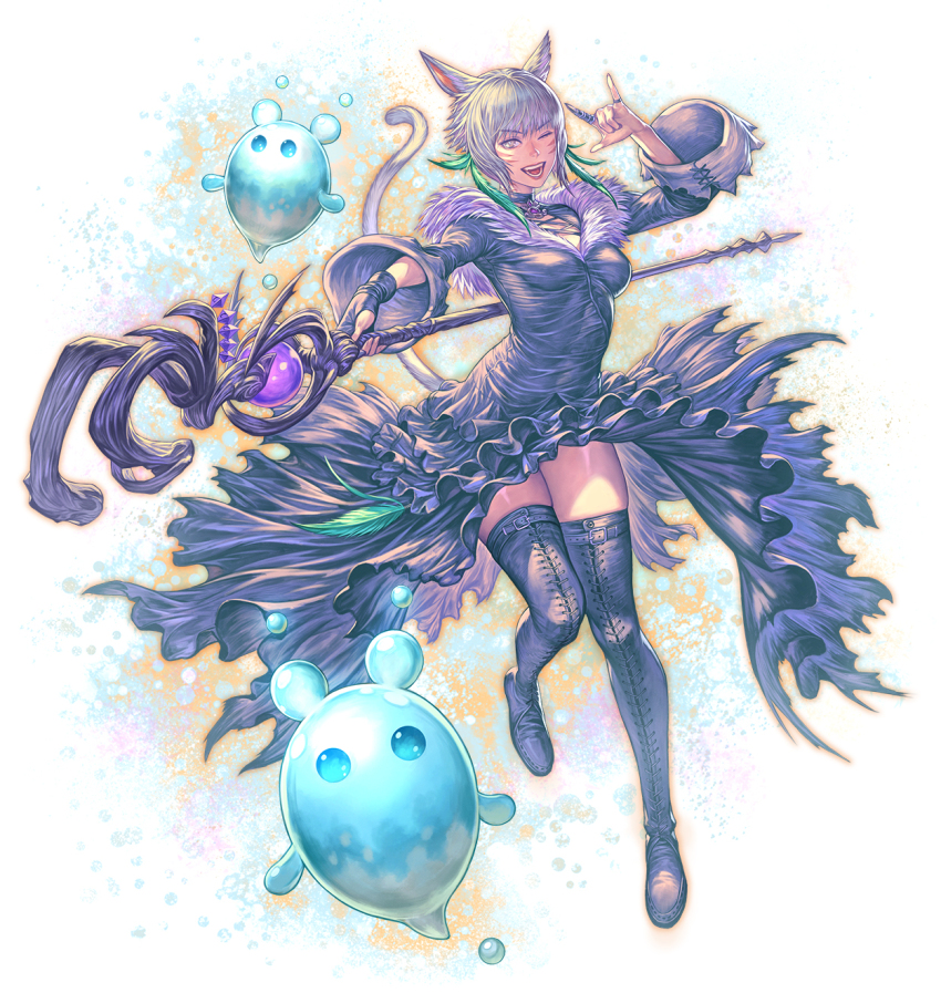 1girl, ;d, animal_ears, arina_nary, belt, belt_buckle, black_boots, black_choker