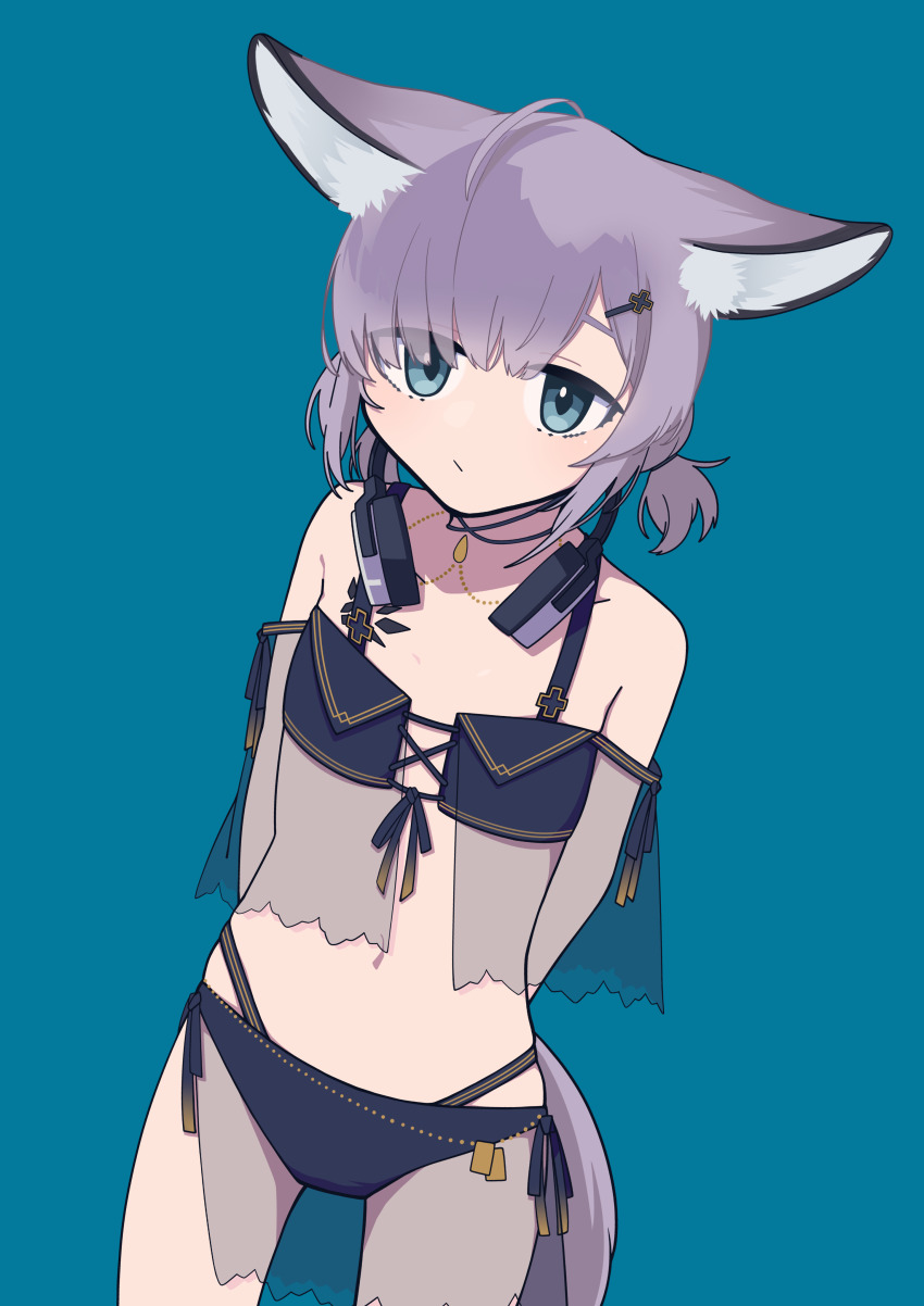 1girl, absurdres, ahoge, animal_ear_fluff, animal_ears, arknights, arms_behind_back, bare_shoulders, bikini, black_bikini, blue_eyes, blurry, blurry_background, breasts, closed_mouth, commentary, cowboy_shot, def_aki, expressionless, fox_ears, fox_girl, fox_tail, hair_ornament, hair_over_one_eye, hairclip, headphones, headphones_around_neck, highres, looking_at_viewer, material_growth, navel, official_alternate_costume, oripathy_lesion_(arknights), see-through_clothes, short_hair, simple_background, small_breasts, solo, standing, sussurro_(arknights), sussurro_(summer_flower)_(arknights), swimsuit, tail