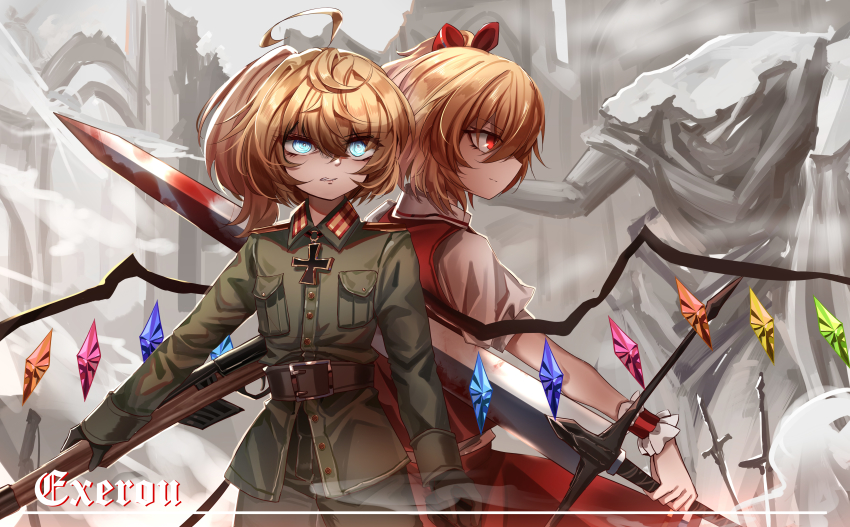 2girls, absurdres, ahoge, belt, black_gloves, blonde_hair, blue_eyes, brown_belt, closed_mouth, commentary_request, crossover, flandre_scarlet, flat_chest, gloves, gun, highres, holding, holding_gun, holding_sword, holding_weapon, long_sleeves, medium_hair, military, military_uniform, multicolored_wings, multiple_girls, pants, red_eyes, red_skirt, red_vest, short_sleeves, side_ponytail, skirt, skirt_set, sword, tanya_degurechaff, top-exerou, touhou, vest, weapon, wings, wrist_cuffs, youjo_senki