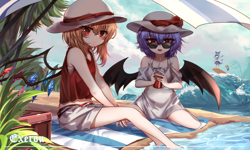 4girls, absurdres, alternate_costume, bare_shoulders, bat_wings, beach, between_legs, blonde_hair