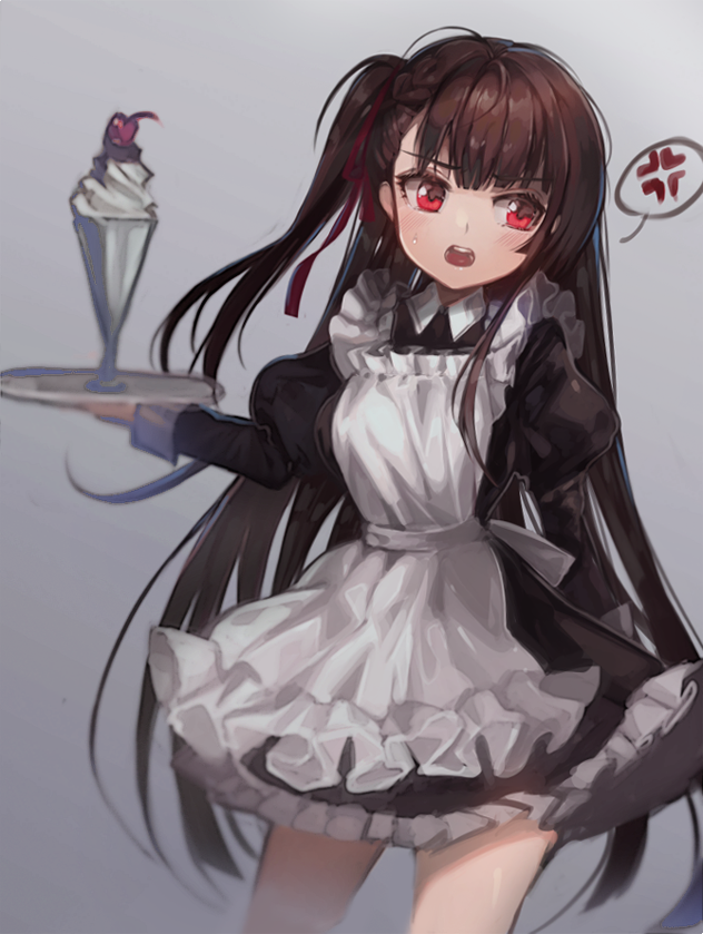1girl, alternate_costume, anger_vein, apron, arm_behind_back, blush, brown_hair, cherry