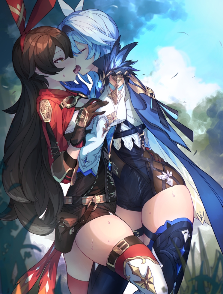2girls, amber_(genshin_impact), blue_hair, blush, brown_hair, closed_eyes, eula_(genshin_impact), french_kiss, from_side, genshin_impact, gloves, grabbing_another's_ass, groping, hair_ribbon, hairband, kiss, long_hair, multiple_girls, open_mouth, ribbon, thigh_strap, thighhighs, thighs, tongue, tongue_out, wu-qiao, yuri
