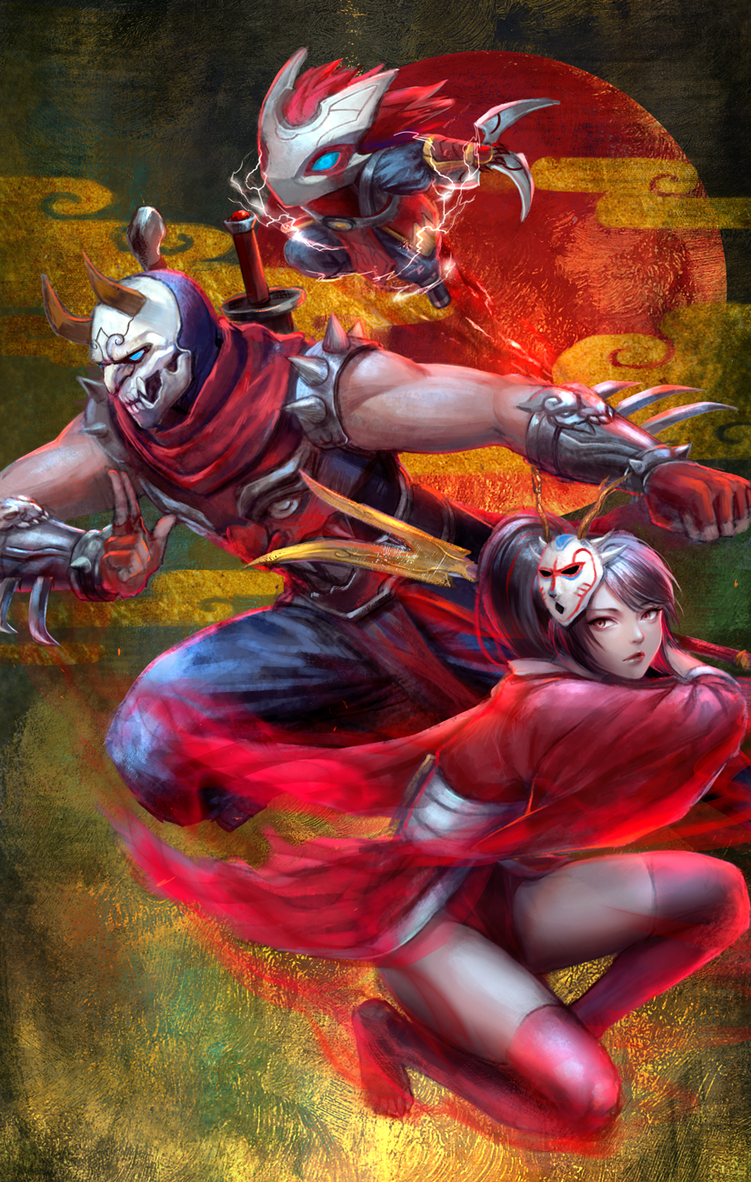 1girl, 2boys, akali, black_hair, blood_moon_akali, blood_moon_kennen, blood_moon_shen, blue_eyes, blue_pants, collar, commentary, electricity, fingerless_gloves, full_body, full_moon, furry, furry_male, gloves, highres, japanese_clothes, kennen, league_of_legends, mask, mask_on_head, moon, mouth_mask, multiple_boys, muscular, muscular_male, ninja, ninja_mask, nyaamen_fork, official_alternate_costume, on_one_knee, outstretched_arm, over-kneehighs, pants, ponytail, red_hair, red_moon, red_scarf, scarf, shen_(league_of_legends), spiked_collar, spikes, thighhighs, thighs, weapon, weapon_on_back