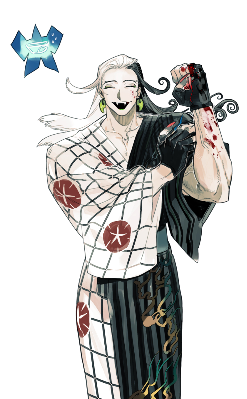 1boy, ashiya_douman_(asagao-patterned_yukata)_(fate), ashiya_douman_(fate), asymmetrical_hair, black_gloves, black_hair, blood, blood_on_face