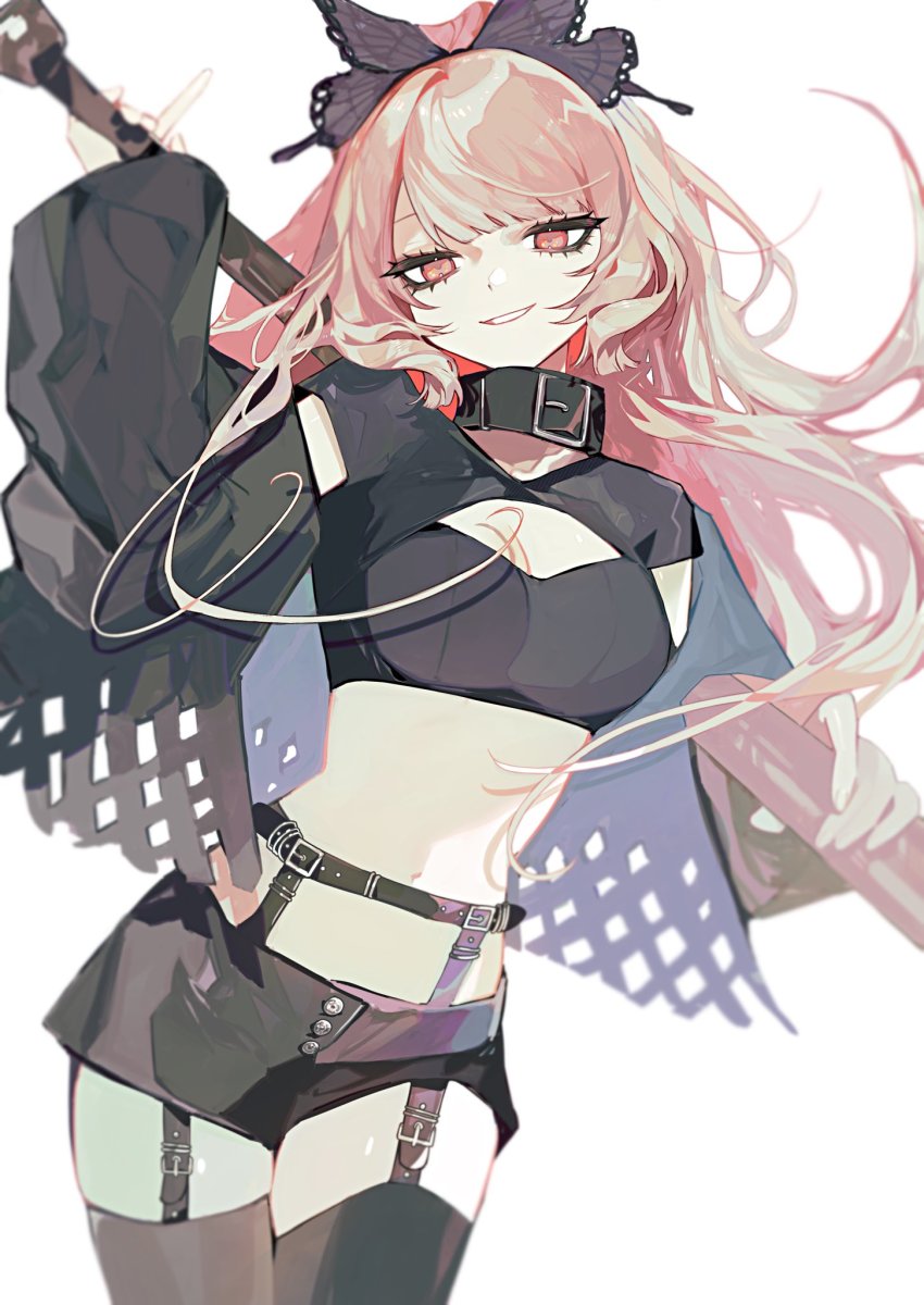 1girl, baseball_bat, black_cape, black_collar, black_skirt, black_thighhighs, blunt_bangs, blurry