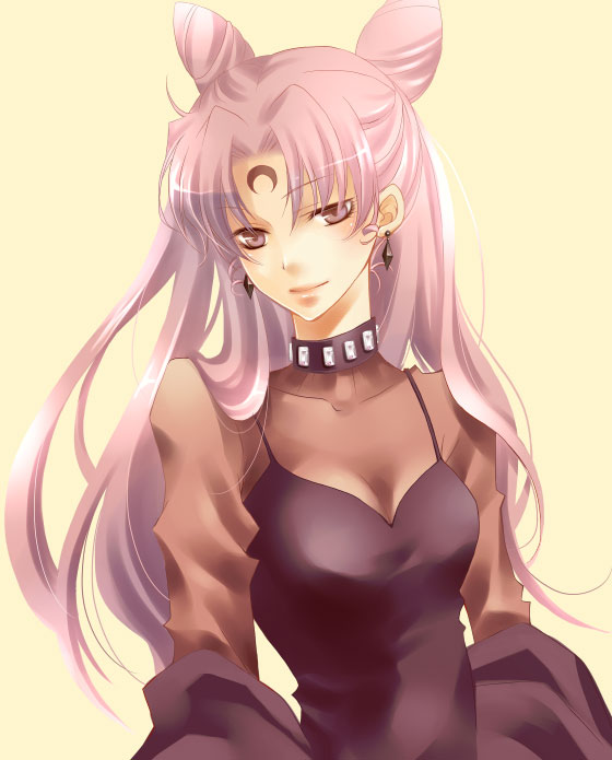 1990s_(style), 1girl, aged_up, bad_id, bad_pixiv_id, bishoujo_senshi_sailor_moon, bishoujo_senshi_sailor_moon_r, black_lady_(sailor_moon), breasts, chibi_usa, choker, cleavage, cone_hair_bun, crescent, crescent_facial_mark, double_bun, dress, earrings, facial_mark, female_focus, forehead_mark, hair_bun, huyucotton, jewelry, long_hair, pink_hair, red_eyes, retro_artstyle, see-through_clothes, solo, twintails