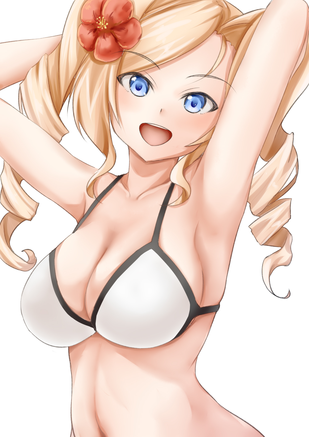 1girl, :d, armpits, arms_up, bikini, blue_eyes, breasts, cleavage