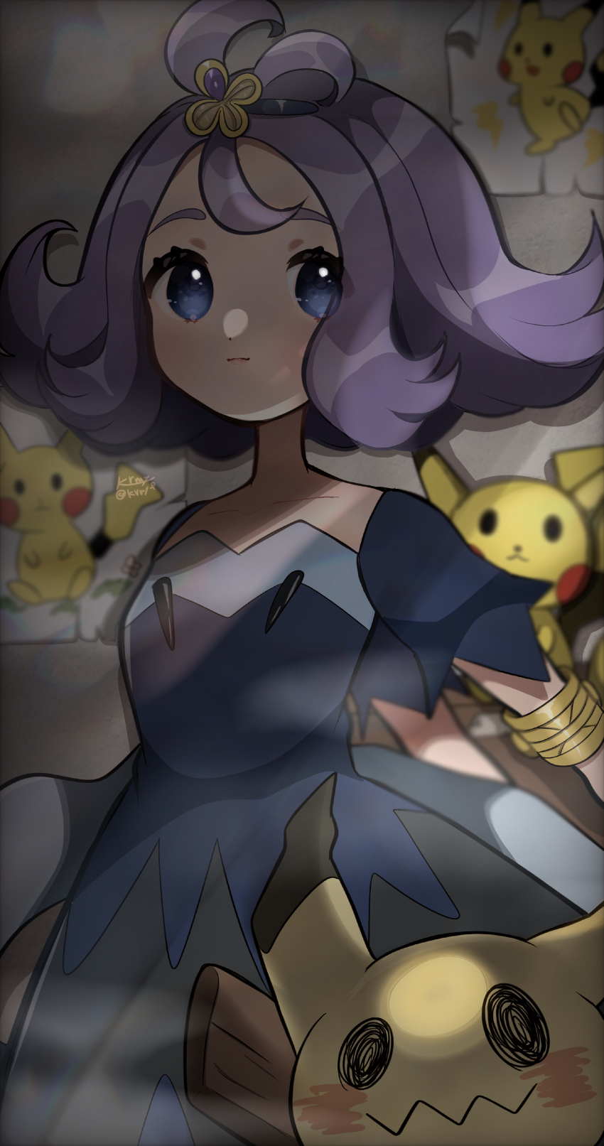 1girl, absurdres, acerola_(pokemon), armlet, blue_dress, character_print, closed_mouth, commentary_request