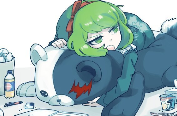 1girl, beast_monokuma, bottle, bow, child, danganronpa_(series), danganronpa_another_episode:_ultra_despair_girls, dress, garbage, green_dress, green_eyes, green_hair, hair_bow, hair_ribbon, hairband, headband, honzumaruii, long_sleeves, lying_on_animal, matching_hair/eyes, monokuma, notebook, open_mouth, pen, plastic_bottle, red_bow, red_hairband, red_headband, red_headwear, red_ribbon, ribbon, simple_background, skeleton_print, tail, teeth, towa_monaca, trash_can, upper_teeth_only, white_background