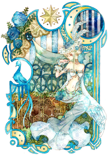 1girl, bad_id, bad_pixiv_id, bird, blonde_hair, borrowed_character, female_focus, flower