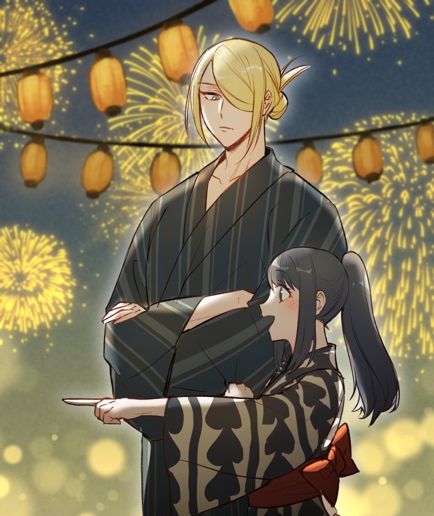 1boy, 1girl, absurdres, akari_(pokemon), alternate_costume, black_hair, blonde_hair, blurry, blush, closed_mouth, commentary_request, crossed_arms, fireworks, grey_eyes, highres, japanese_clothes, kimono, lantern, night, nintendo, ogyupoke, open_mouth, outdoors, pointing, pokemon, pokemon_legends:_arceus, ponytail, short_hair, sidelocks, sky, smile, volo_(pokemon), wide_sleeves, yukata