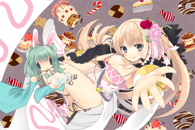 2girls, :3, alternate_color, animal_ears, argyle_clothes, argyle_dress, bangle, bikini