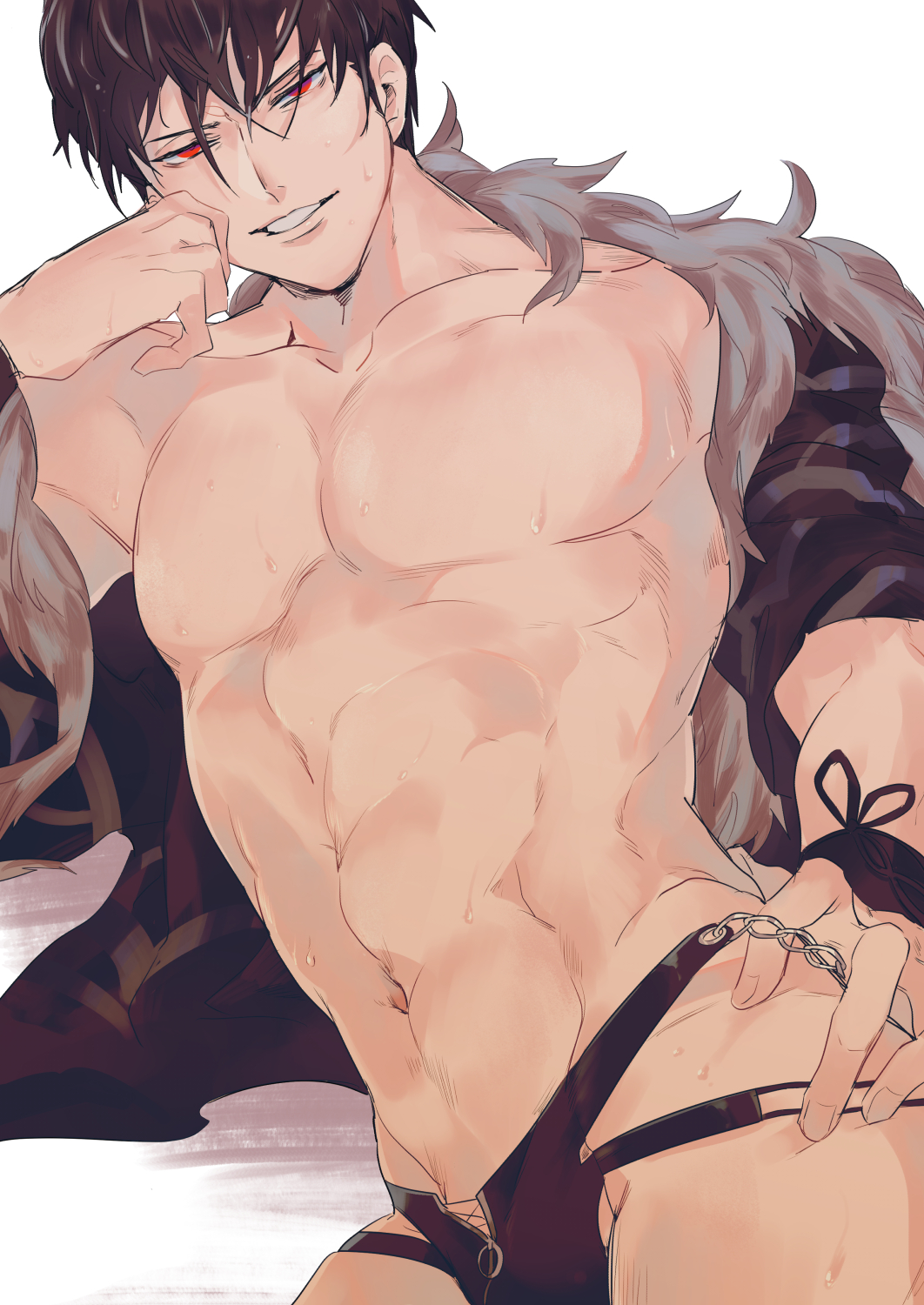1boy, abs, bare_pectorals, belial_(granblue_fantasy), belial_(summer)_(granblue_fantasy), black_hair, black_jacket, black_male_swimwear, del_(logicallogos), fur-trimmed_jacket, fur_trim, granblue_fantasy, highres, jacket, large_pectorals, male_focus, male_swimwear, muscular, muscular_male, navel, official_alternate_costume, open_clothes, open_jacket, pectorals, red_eyes, short_hair, solo, swim_briefs, wristband