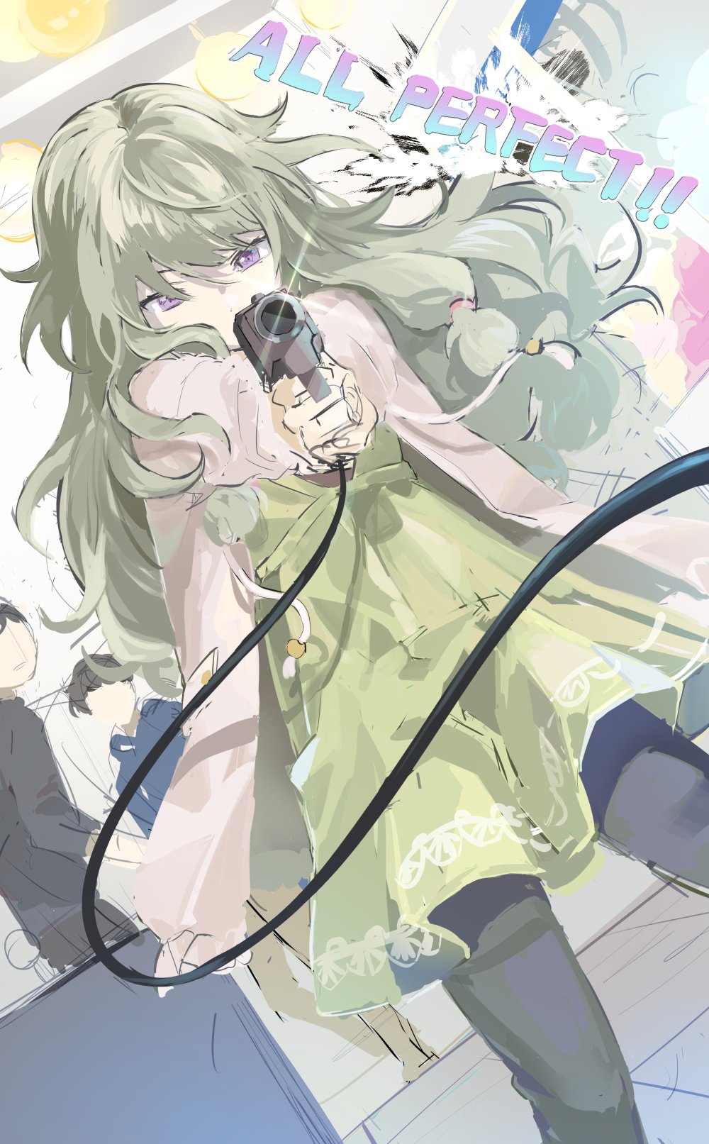 1girl, aiming, aiming_at_viewer, arcade, black_pantyhose, concentrating, drawstring, dress