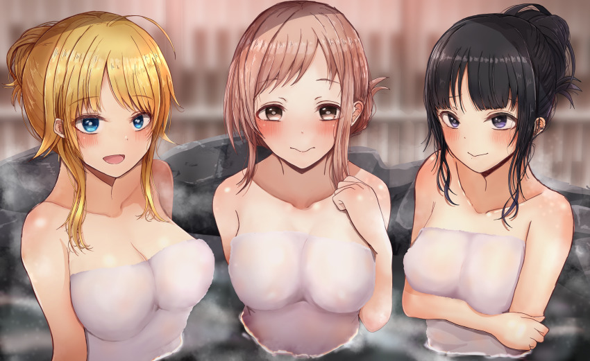 3girls, absurdres, ahoge, arm_under_breasts, blurry, blurry_background, blush, breasts, cleavage, closed_mouth, collarbone, covering_privates, folded_ponytail, hachimiya_meguru, hair_bun, hand_up, highres, idolmaster, idolmaster_shiny_colors, illumination_stars_(idolmaster), kazano_hiori, large_breasts, looking_at_viewer, mebunryo_(mebunryo2), medium_breasts, multiple_girls, nude_cover, onsen, partially_submerged, sakuragi_mano, single_hair_bun, single_side_bun, steam, stone, swept_bangs, textless_version, towel, tv_show, upper_body