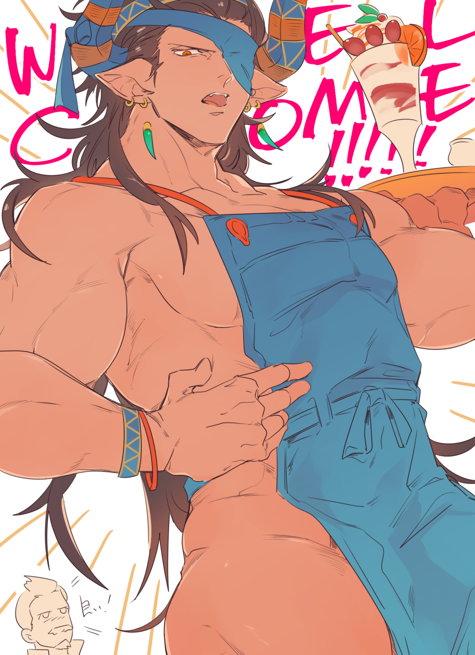 1boy, animal_ears, apron, bara, black_hair, blue_apron, brown_eyes, cow_ears