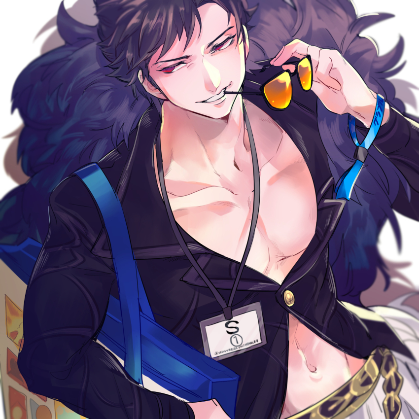 1boy, bag, belial_(granblue_fantasy), black_hair, black_jacket, del_(logicallogos), unworn_eyewear, feather_boa