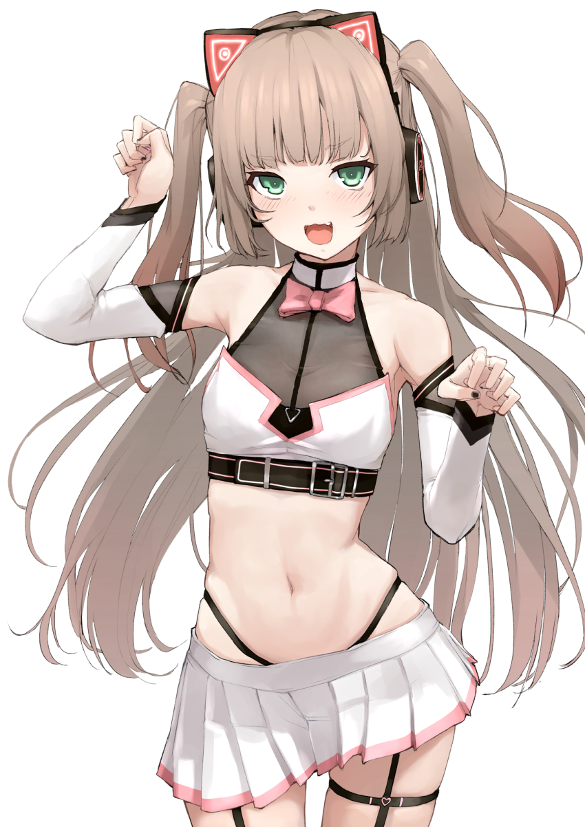 1girl, :d, animal_ear_headphones, animal_ears, arm_up, bare_shoulders, black_nails, blush, breasts, brown_hair, cat_ear_headphones, cat_ears, cowboy_shot, crop_top, detached_sleeves, fake_animal_ears, green_eyes, hand_up, headphones, highleg, highres, hololive, long_hair, long_sleeves, looking_at_viewer, mitsuru_(uramitsuru1206), nail_polish, natsuiro_matsuri, natsuiro_matsuri_(re:start), navel, open_mouth, pleated_skirt, shirt, simple_background, skirt, sleeveless, sleeveless_shirt, small_breasts, smile, solo, standing, stomach, thigh_strap, two_side_up, very_long_hair, virtual_youtuber, white_background, white_skirt