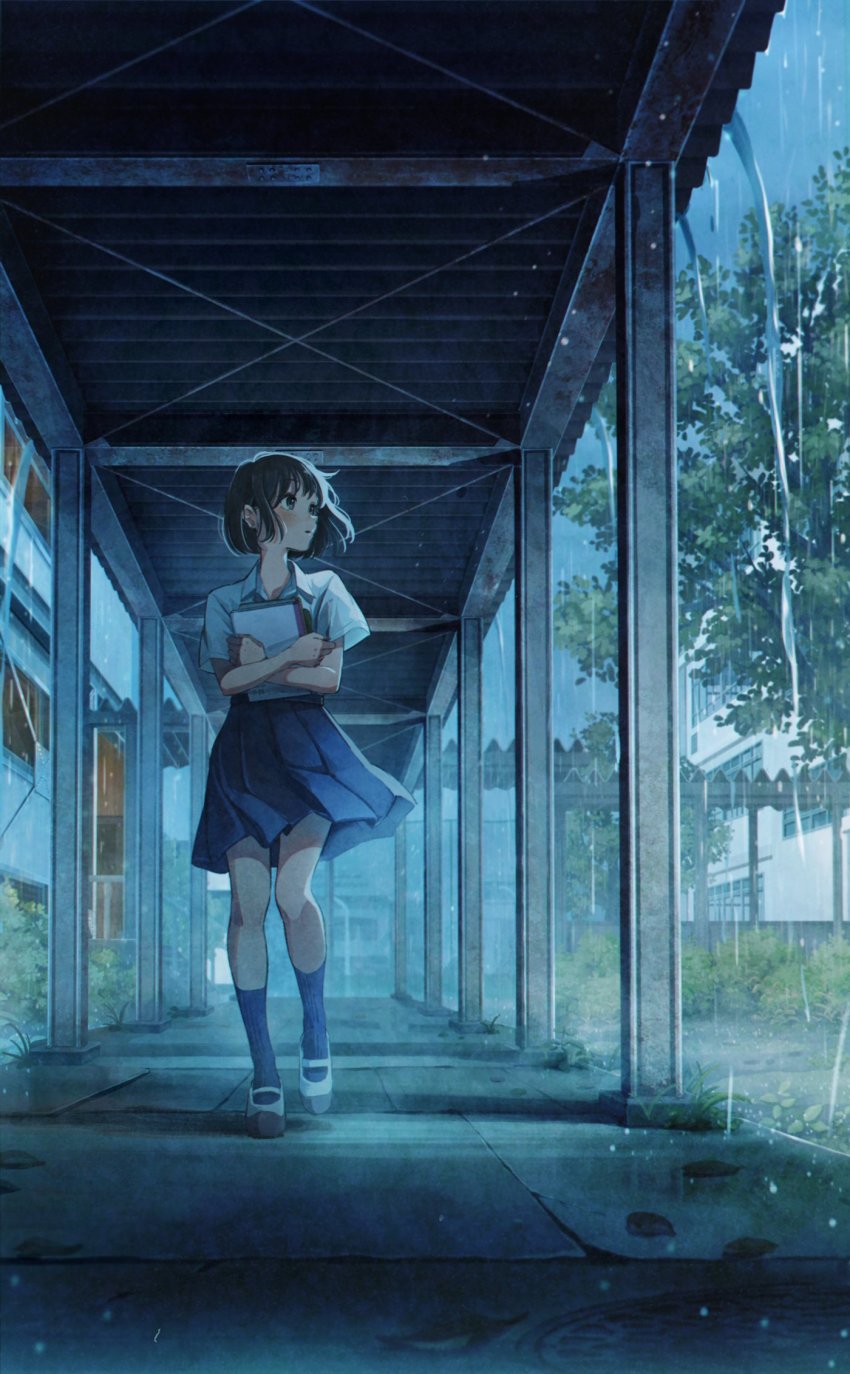 1girl, :o, blue_eyes, blue_skirt, blue_socks, blush, bob_cut, book