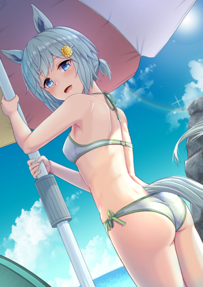 1girl, animal_ears, ass, beach_umbrella, bikini, blue_eyes, breasts, from_behind