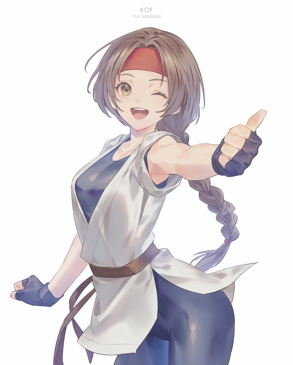 belt, blue_gloves, breasts, brown_eyes, brown_hair, character_name, contrapposto, dougi