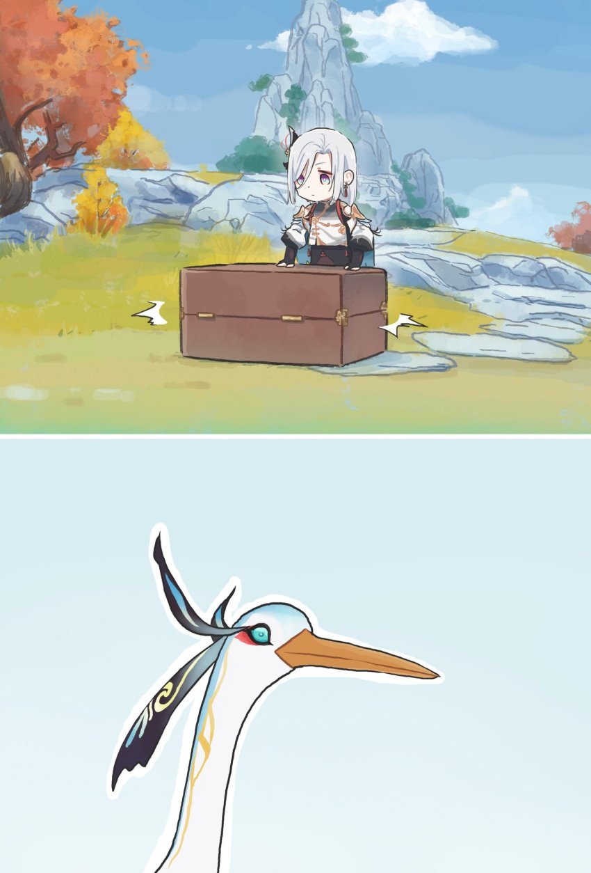 bird, briefcase, bush, closing, cloud_retainer_(genshin_impact), crane_(animal), genshin_impact, highres