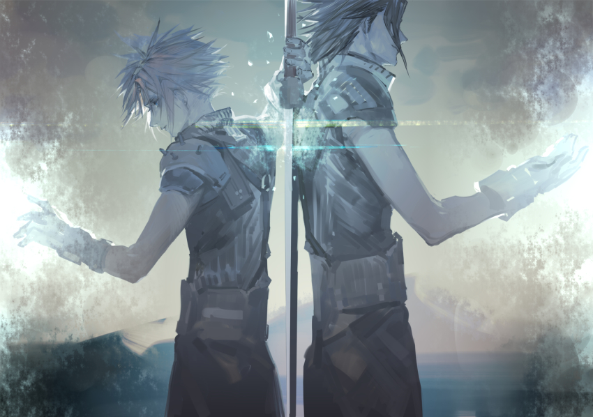 2boys, armor, back-to-back, belt, black_hair, blonde_hair, buster_sword, cloud_strife