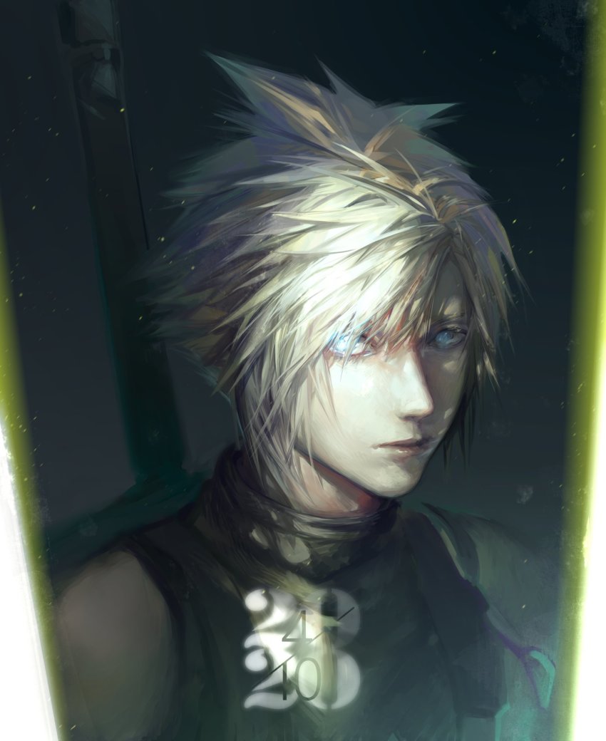 1boy, armor, blonde_hair, blue_hair, buster_sword, cloud_strife, dated, final_fantasy